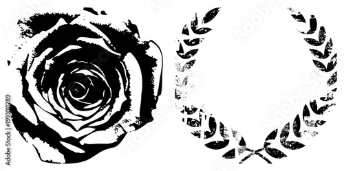 Vintage halftone rose bloom and laurel wreath, graphic design, emblematic symbols, classic, artistic vector illustration.