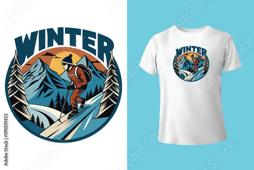 Winter sports revival graphics design. Extreme cold mountain adventure artwork. Ski snowboard hockey illustration print. Apparel design for t shirt pr