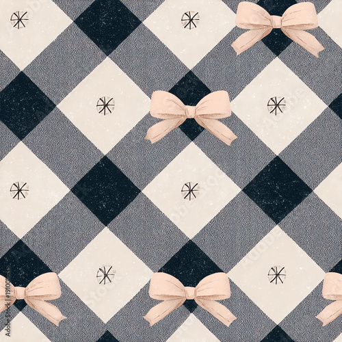 a pattern of bows on the top and bottom, in the style of gingham, with diamond shapes on a white background.