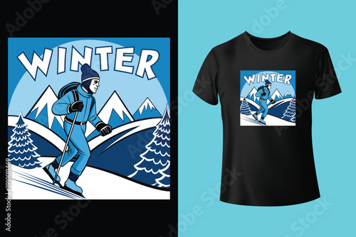 Winter sports revival graphics design. Extreme cold mountain adventure artwork. Ski snowboard hockey illustration print. Apparel design for t shirt pr