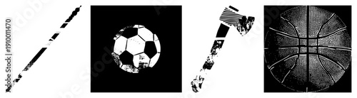 Distressed vector of sports equipment soccer ball,, basketball with gritty texture, palette, and isolated design for graphic use.