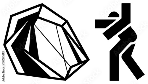 Abstract diamond shape with facets and stylized runner, minimalist design, graphic symbols, black, flat vector art.