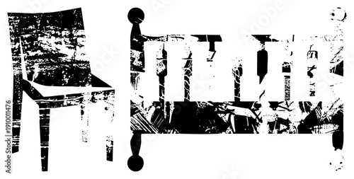 Antique wooden chair and baby crib rendered in high contrast vector, distressed texture,, rustic furniture, nursery decor, vintage silhouette.