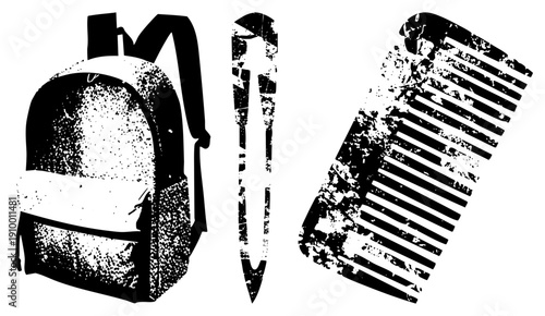 Distressed black and white vector of backpack, pen, and comb with gritty texture, ideal for student or grooming themes, minimalist design with halftone grain effect.