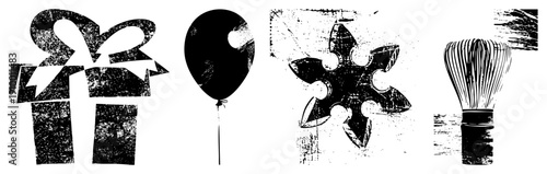 Black and white vector of festive items gift box with bow, balloon, starburst ornament, and traditional whisk., distressed texture, isolated objects for design use.