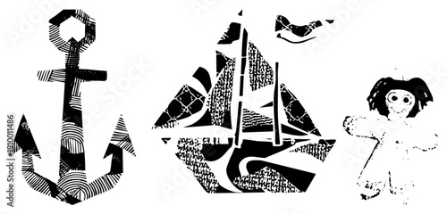 Black and white vector featuring an anchor, sailboat, and pirate doll with halftone shading, nautical theme, stylized maritime symbols, isolated graphic elements.