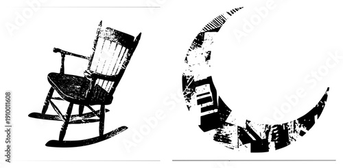 Classic wooden rocking chair with slatted back, distressed ink texture, paired with abstract moon silhouette, both in high contrast black and white vector style.