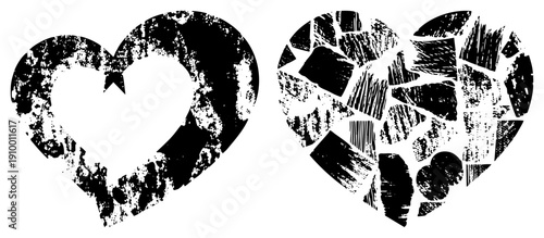 Broken heart graphic with grunge texture, shattered heart, distressed love symbol, vector art, black and white, emotional design, romantic motif.