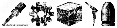 Vector illustrations of mechanical including bolt, gear, cube, nozzle, and bullet, rendered in gritty halftone texture with high contrast and distressed effect.