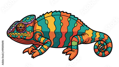 Vibrant Chameleon Illustration with Colorful Stripes and Intricate Patterns