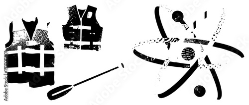 Water safety gear including life vests and paddle, alongside stylized atomic symbol, halftone texture, vector illustration, safety equipment, boating gear.