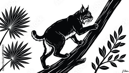 Wild cat climbing tree illustration isolated on white background representing jungle wildlife, predator animal, forest nature, conservation, adventure, and vintage engraving style artwork design
