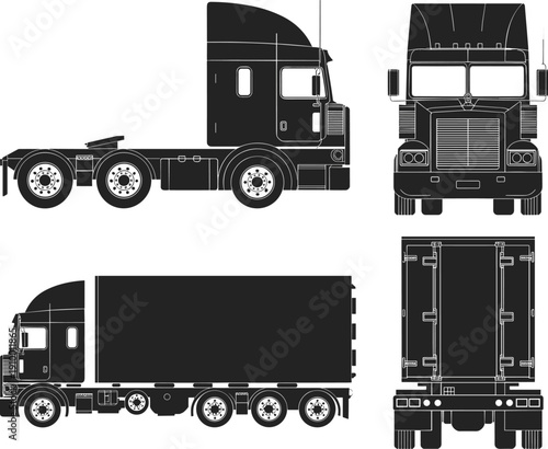 Black silhouette illustrations of semi‑truck cab and trailer from multiple perspectives including side, front, and rear views for logistics design