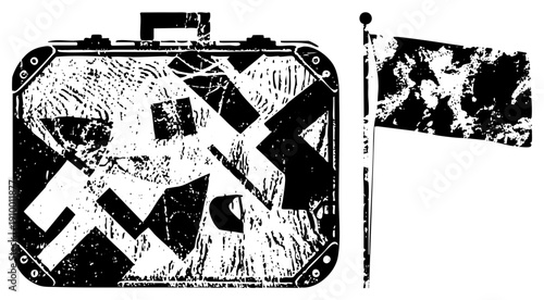 Retro travel suitcase featuring abstract X shapes and distressed texture, paired with tattered flag on pole, vector art, travel gear, adventure theme.