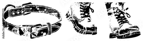 Distressed leather dog collar with buckle, rugged lace up boots, vector art, pet accessory, footwear design, urban style, graphic illustration.