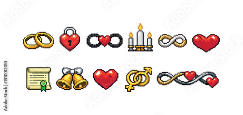 Wedding and romance pixel icon set. Love, marriage symbols in pixel art style