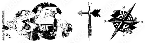 Antique navigation compass rose, weather vane arrow, directional symbols, distressed halftone print, vintage cartography elements, black and white graphic design.