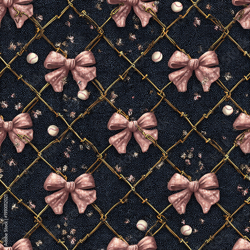3d pink bows on denim with a gold chain, creating a seamless pattern, embellished with pearls and diamonds.