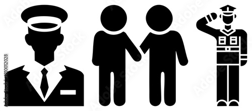 Vector showing steward, handshake duo, and saluting soldier, minimalist human figures, service industry,, military salute, symbolic representation.