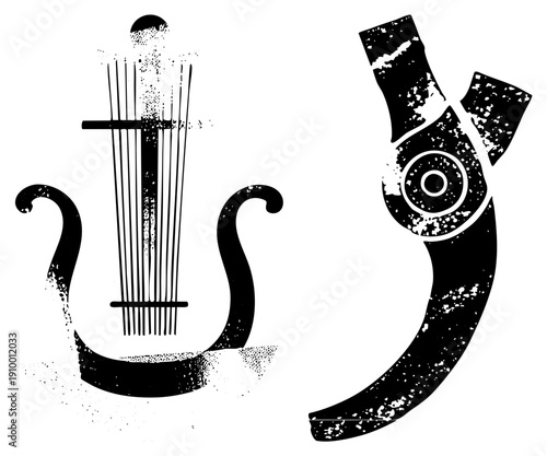 Classical lyre and horn rendered in distressed halftone vector style, musical symbols, antique instruments, art, graphic design elements.