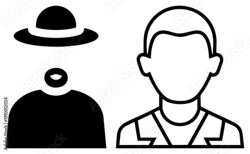Simplified user avatars, one with bowler hat and solid fill, one with suit, minimalist vector for digital interfaces, profile, or user accounts.
