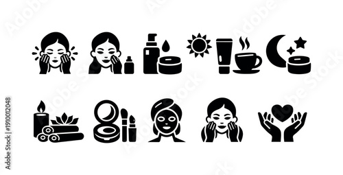 Skincare and wellness silhouette icon set. Beauty, self-care flat icons collection.
