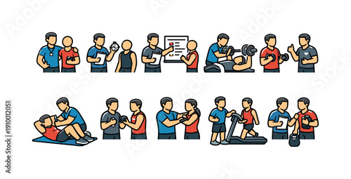Fitness and gym outline icon set. Workout, exercise, health in linear style