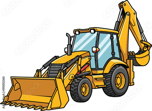 Vibrant yellow cartoon backhoe loader with a large front scoop and rear excavator arm.