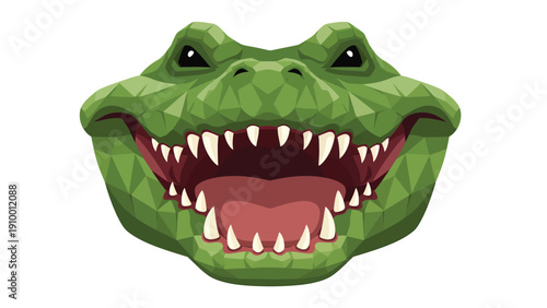 Polygonal crocodile head roaring with sharp teeth. Green geometric alligator face, wildlife vector.