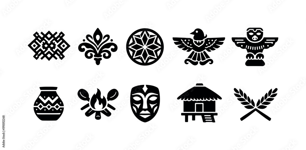 Obraz premium Cultural, tribal solid icon set. Ethnic, traditional symbols in solid style collection