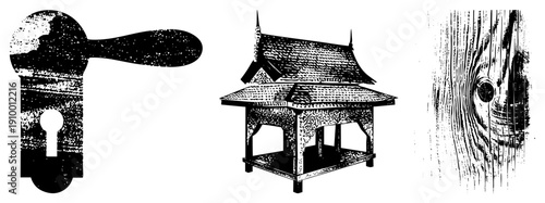 Ornate antique door knob, traditional Thai pavilion structure, detailed wood grain close up, vector illustrations, isolated design elements.