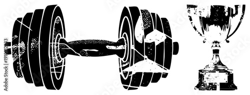 Gym equipment barbell with weights, victory trophy, strength training, fitness achievement, athletic success, workout gear, bodybuilding symbol.