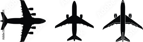 Airplane silhouette collection showing different aircraft top views isolated on white background representing commercial aviation, air travel, airline transportation, and flight illustration t