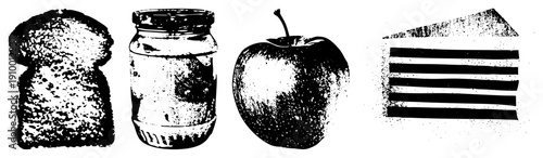 Vintage style halftone print of food items toast, jam jar,, layered cake., textured, graphic design elements.