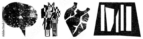 Four high contrast vector speech bubble, fragmented figure, cracked heart, striped window. Modern design with halftone & sharp edges.