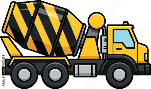 Yellow cartoon cement mixer truck with black hazard stripes on the rotating drum side view.