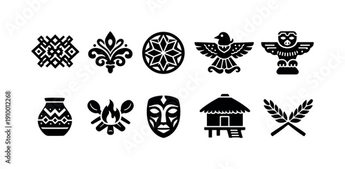 Cultural, tribal solid icon set. Ethnic, traditional symbols in solid style collection