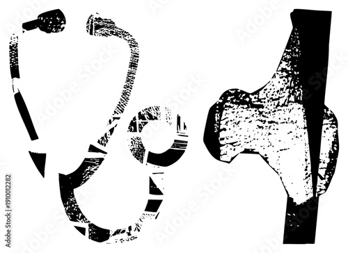 Black and white vector illustration of stethoscope and femur bone with distressed texture, medical, skeletal anatomy, healthcare symbol, graphic design element.