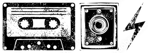 Grunge style cassette tape, speaker grille, and lightning bolt symbol, retro tech, distressed vector art, analog equipment, nostalgic music gear.