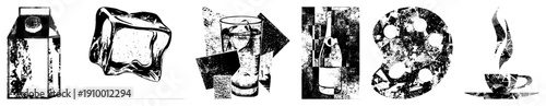 Graphic symbols of drinks rendered in halftone, including milk carton, ice cube, glass, champagne, palette, and coffee cup, stylized vector art.