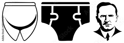 Black and white vector classic briefs, puzzle piece trunks, and stylized male portrait, minimalist design, symbolic representation, graphic illustration.