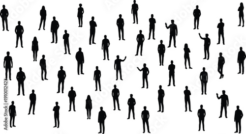 Large group of standing people silhouettes isolated on white background representing diversity, teamwork, community, population, social connection, business crowd concept illustration