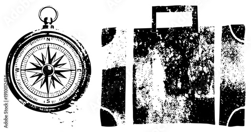Nautical compass with cardinal points, distressed suitcase silhouette, travel adventure symbols, gear, wanderlust motifs.