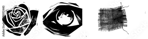 Stylized rose with halftone shading, geometric eye with arrow, textured fabric all vector graphics,, isolated elements for design use.