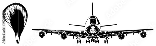 Aircraft fuselage with landing gear and wings, hot air balloon silhouette, aviation, travel symbols, black and white graphic, vector art.