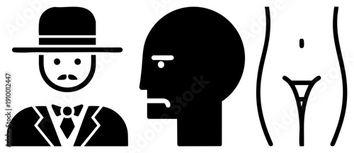 Stylized human in black silhouette, including fedora wearing man, profile head, and abstract body shapes, flat vector design.