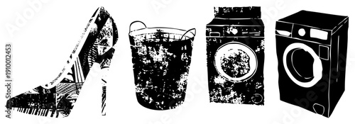 Fashion footwear, laundry container, washing machine, dryer gritty black and white vector, urban home essentials, stylized home appliances.