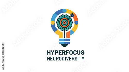 Hyperfocus neurodiversity concept logo with brain target inside lightbulb. ADHD productivity and concentration superpower symbol. Flat vector design.