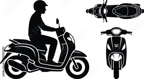 Scooter rider silhouette illustration showing man riding motor scooter with side, top and front views, black vector isolated on white background for urban transportation, travel, and design concepts