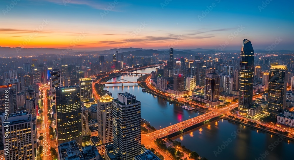 custom made wallpaper toronto digitalCity skyline at sunset with river and illuminated buildings